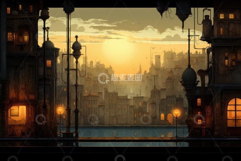 高清大图下载【趣麦麦图】手绘机械城市高楼建筑