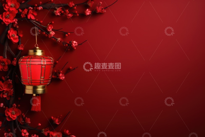 高清大图下载【趣麦麦图】红色灯笼花朵装饰的边框背景