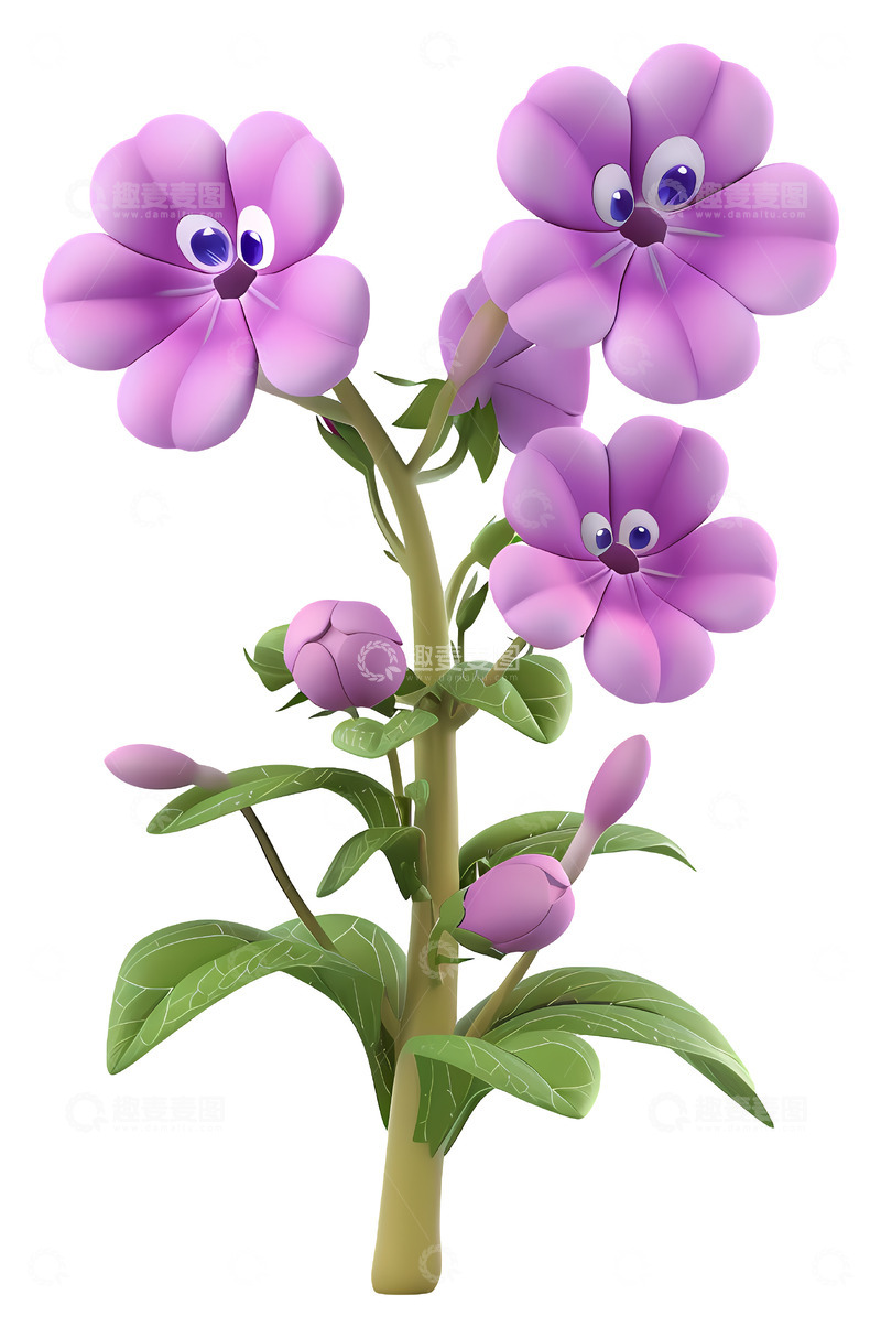 带有眼睛的可爱紫色花朵3D插画png素材