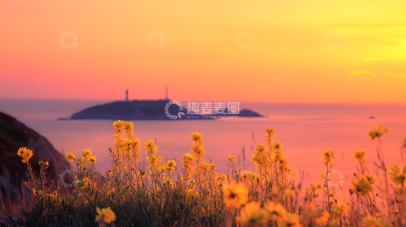高清大图下载【趣麦麦图】文艺感粉色天空晨光中的海洋海岛