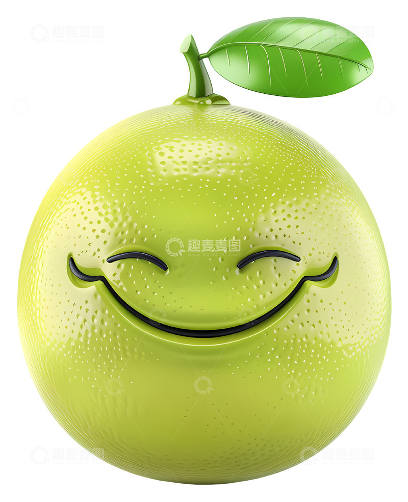 高清大图下载【趣麦麦图】带有叶子的微笑绿色水果3D插画png素材