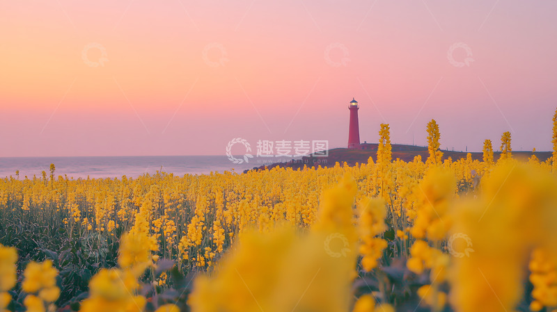 高清大图下载【趣麦麦图】文艺感粉色天空晨光中的海洋海岛1