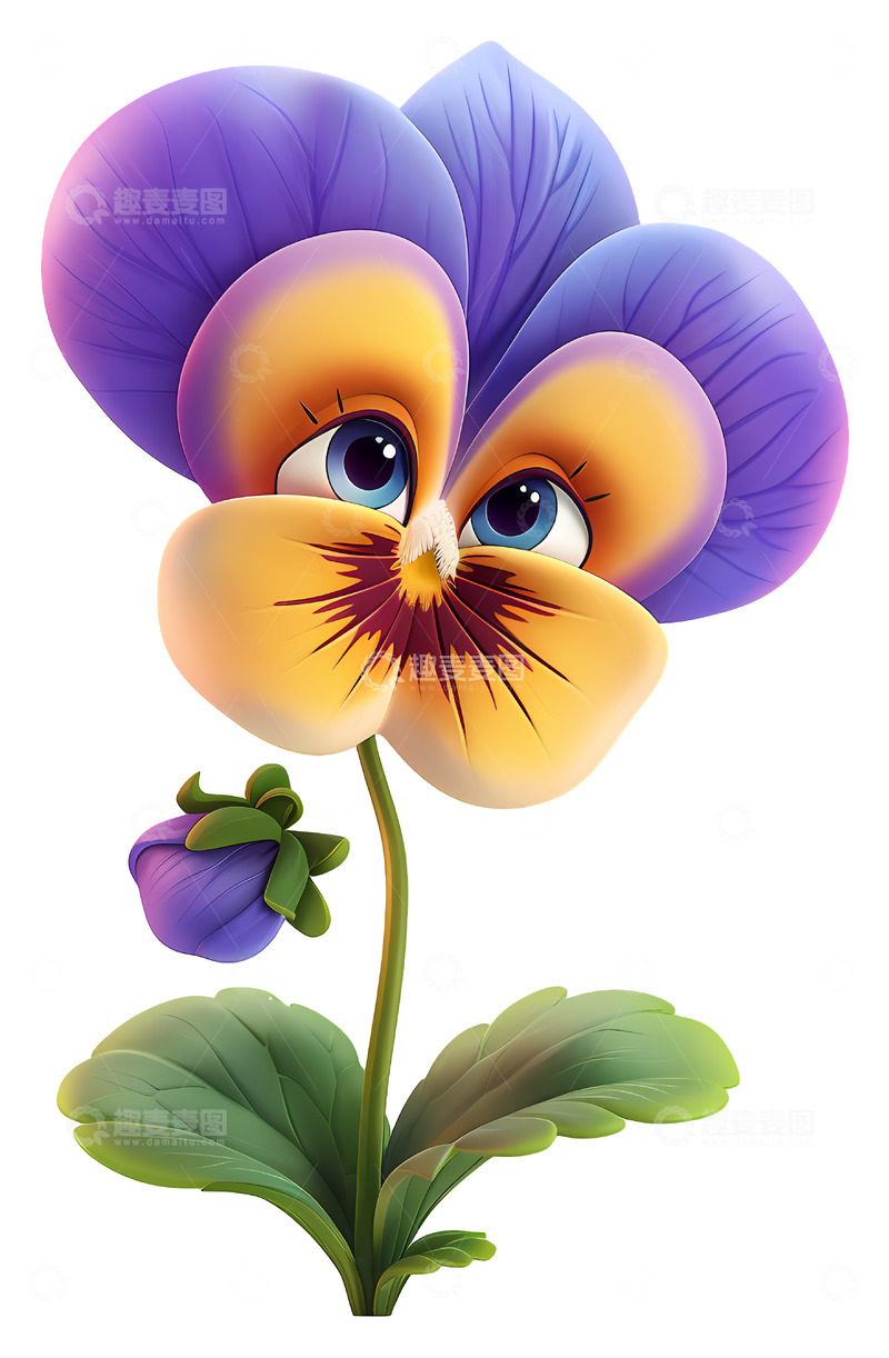 高清大图下载【趣麦麦图】快乐表情的可爱三色堇花3D插画png素材