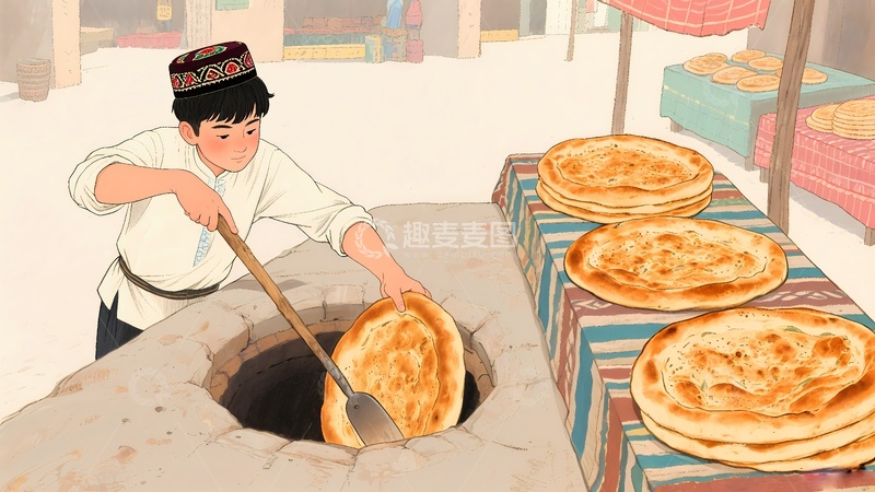 高清大图下载【趣麦麦图】新疆烤馕漫插画1