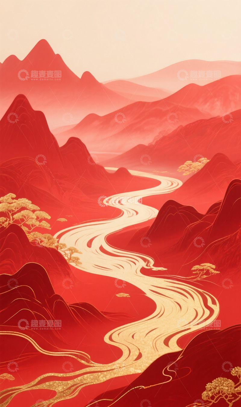 高清大图下载【趣麦麦图】红色山水背景7