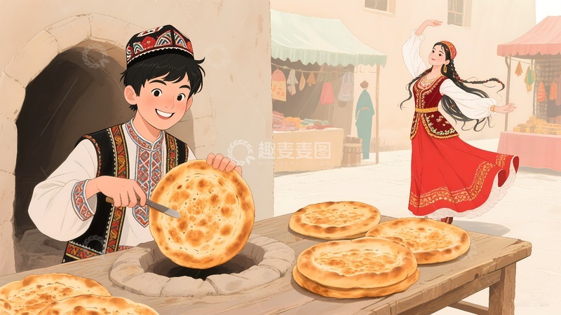 高清大图下载【趣麦麦图】新疆烤馕漫插画7
