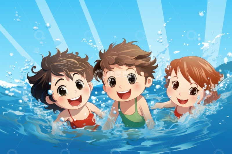 高清大图下载【趣麦麦图】卡通简约游泳的一群小孩