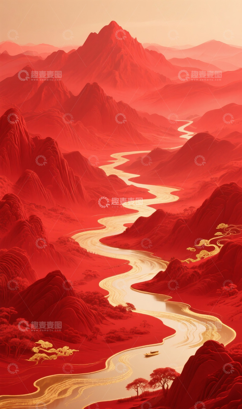 高清大图下载【趣麦麦图】红色山水背景1