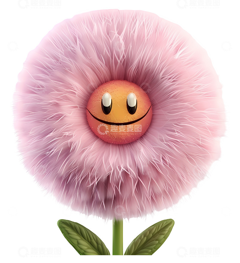 高清大图下载【趣麦麦图】微笑的粉色蓬松花朵角色3D插画png素材
