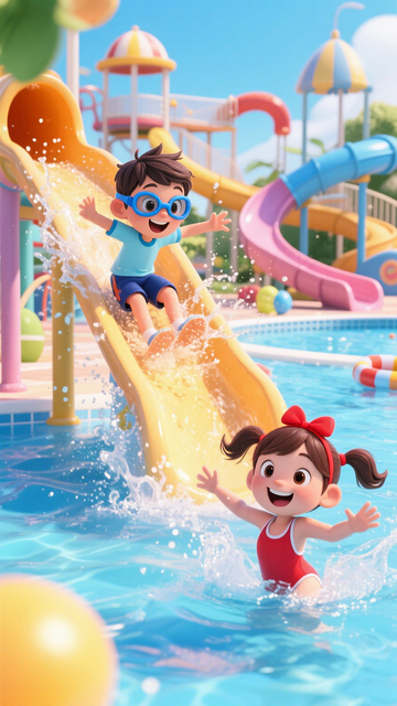 儿童插画暑假水上滑梯的欢乐冲刺