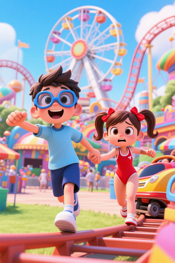 儿童插画假期游乐园里欢乐奔跑