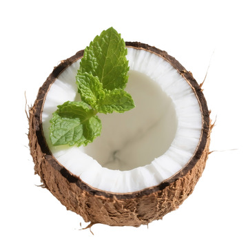 切开的带薄荷叶的新鲜椰子
