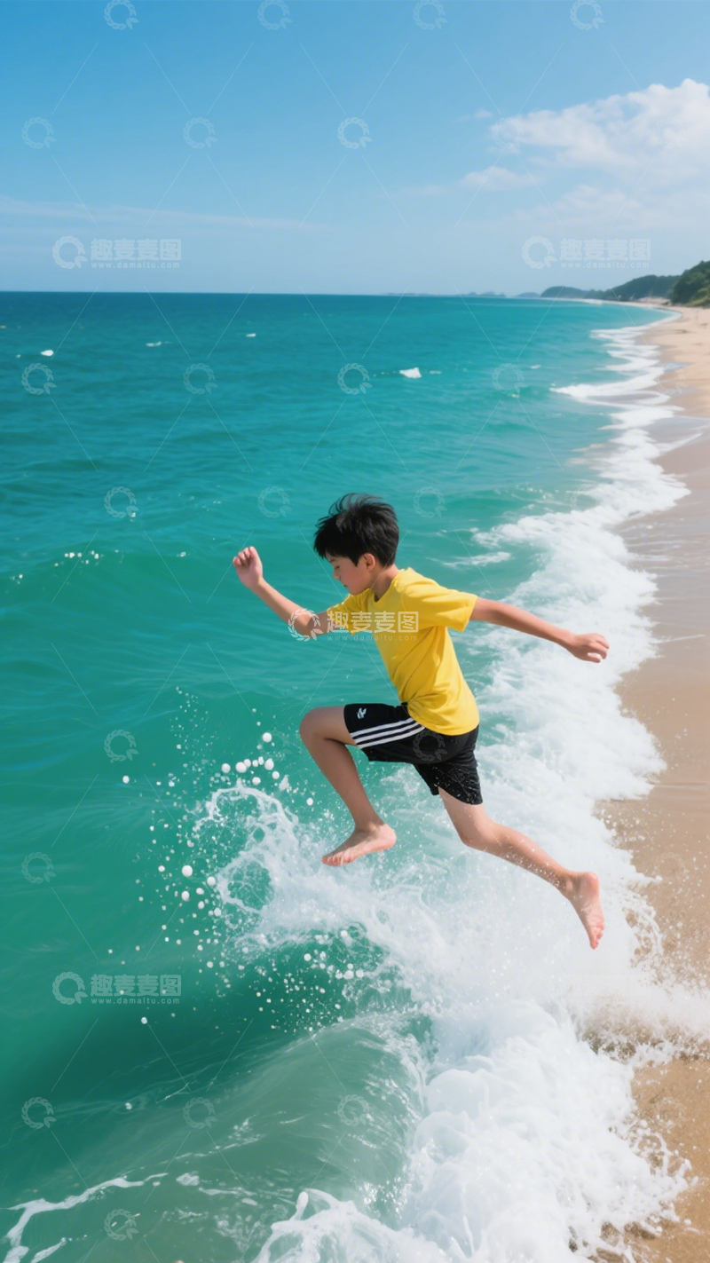 高清大图下载【趣麦麦图】海滩少年活力奔跑