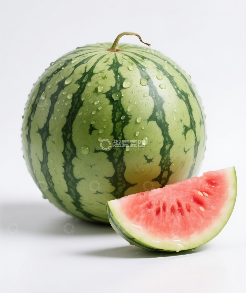 高清大图下载【趣麦麦图】新鲜带水珠的完整西瓜与切片