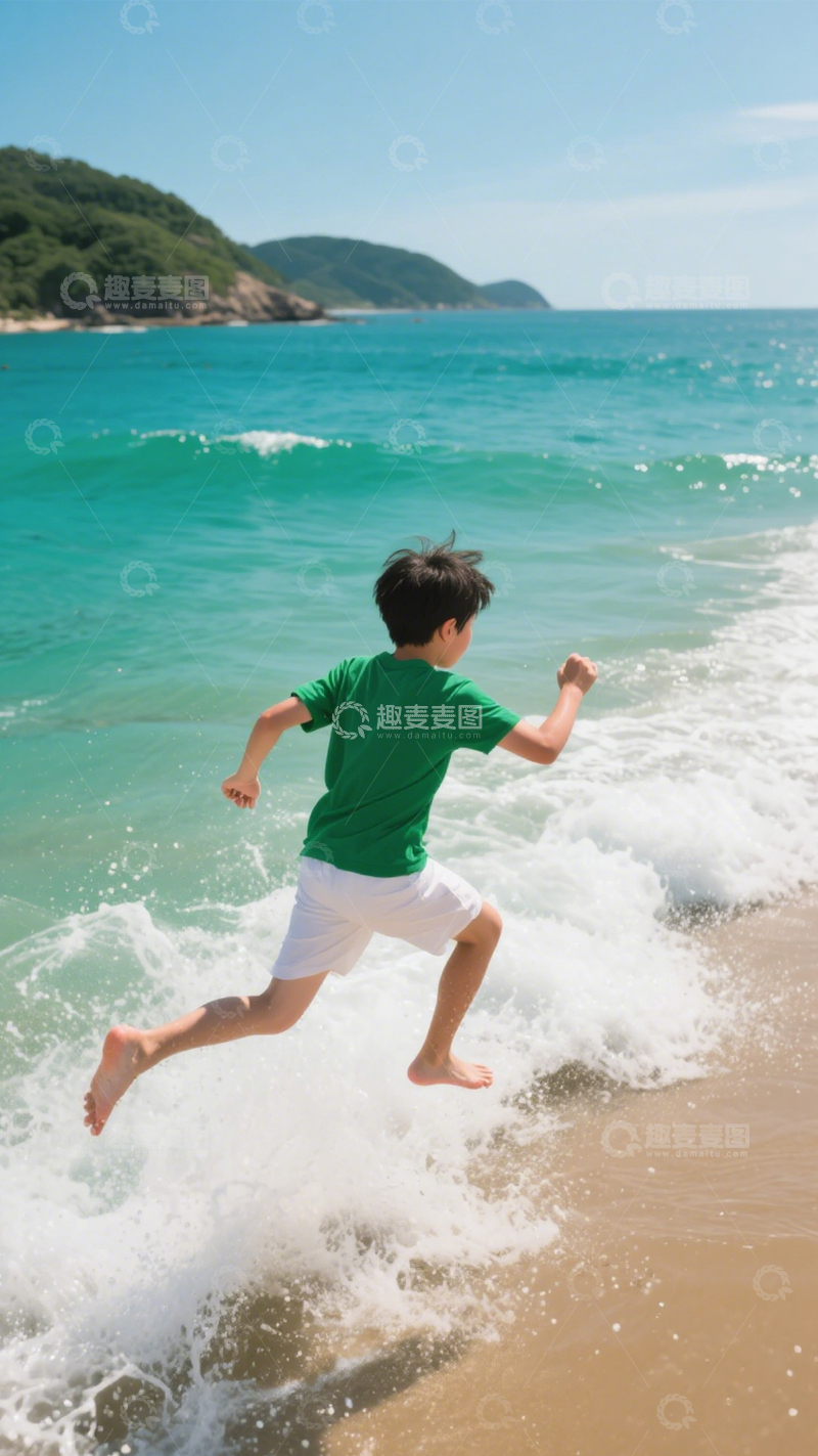 高清大图下载【趣麦麦图】海滩少年活力奔跑3