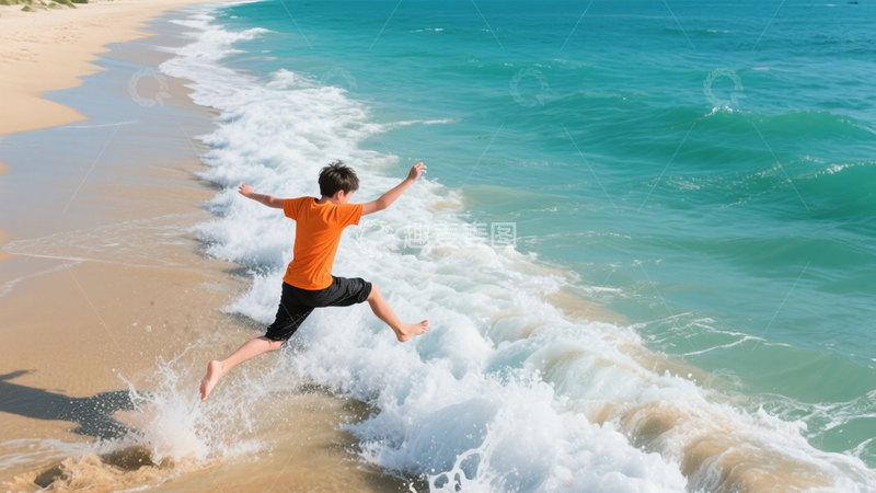 高清大图下载【趣麦麦图】海滩少年活力奔跑1