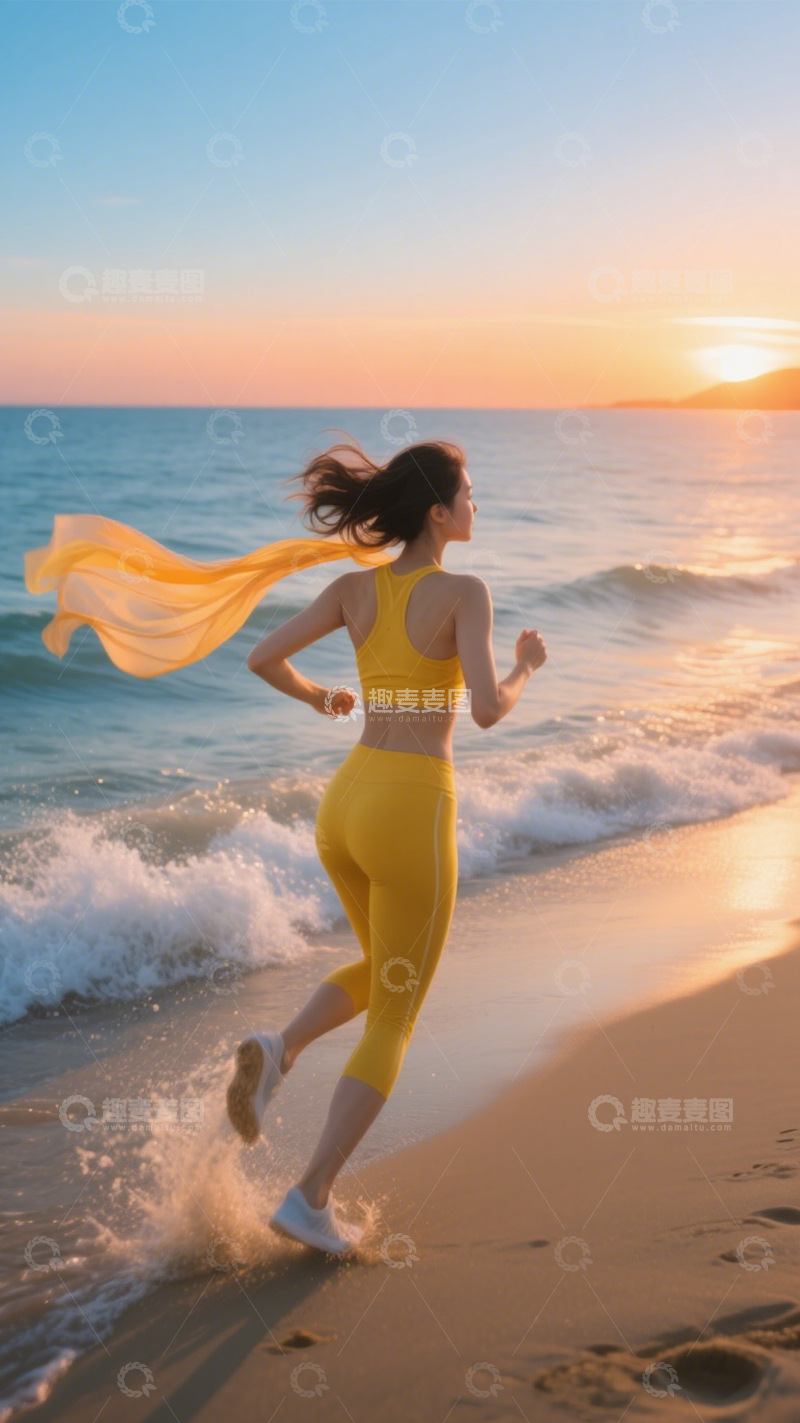 高清大图下载【趣麦麦图】海滩晨跑活力时刻