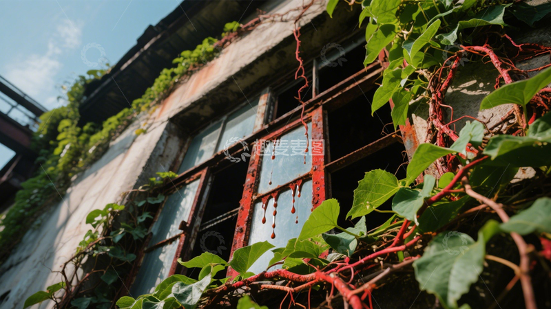 高清大图下载【趣麦麦图】废弃窗户红叶荒凉3