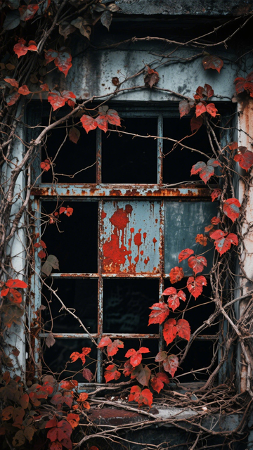 废弃窗户红叶荒凉1