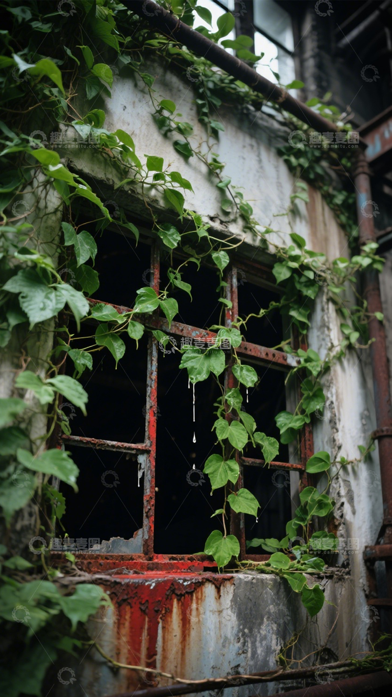 高清大图下载【趣麦麦图】废弃窗户红叶荒凉