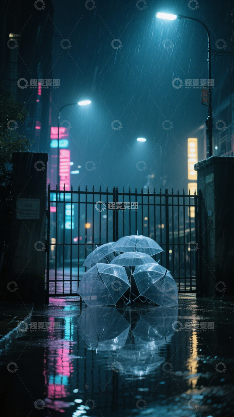 高清大图下载【趣麦麦图】雨夜霓虹雨伞故事1