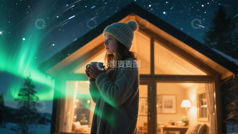 高清大图下载【趣麦麦图】木屋极光浪漫静谧1