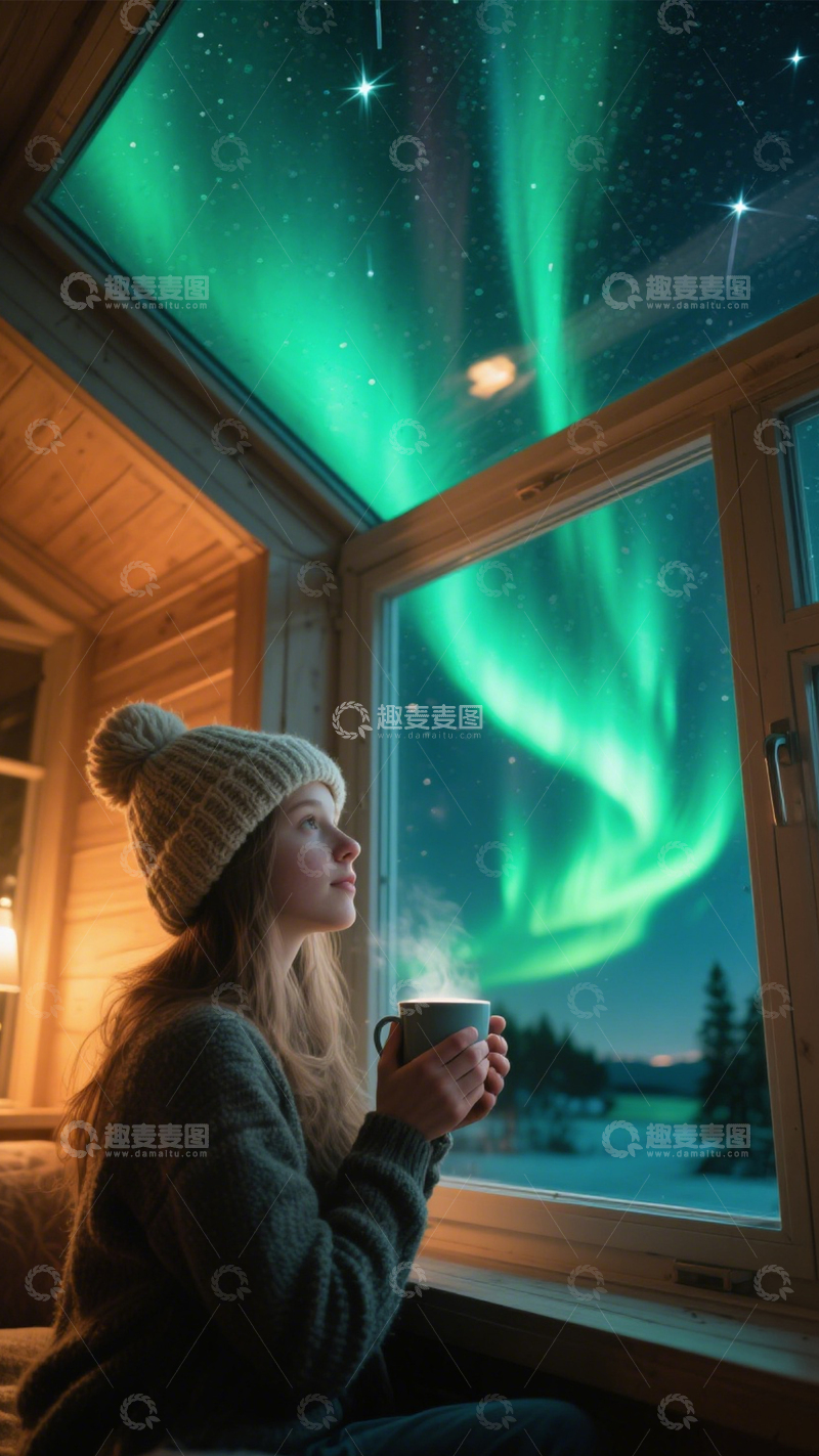 高清大图下载【趣麦麦图】木屋极光浪漫静谧2