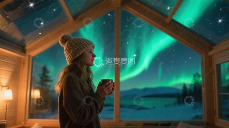 高清大图下载【趣麦麦图】木屋极光浪漫静谧