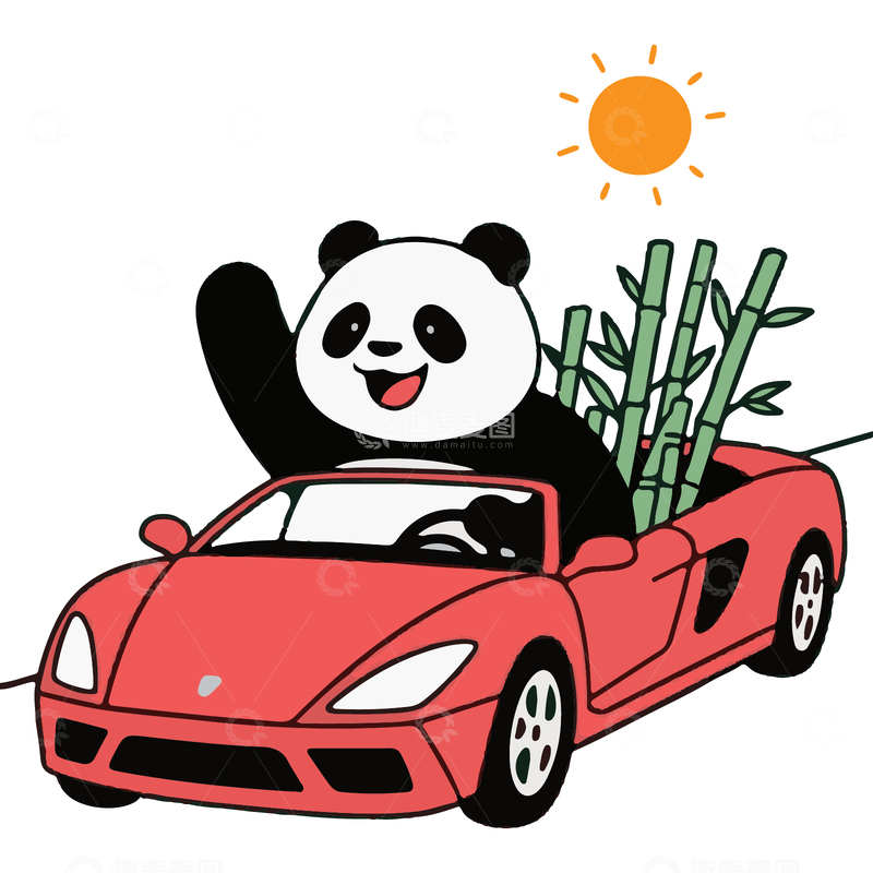 可爱熊猫开车手绘插画