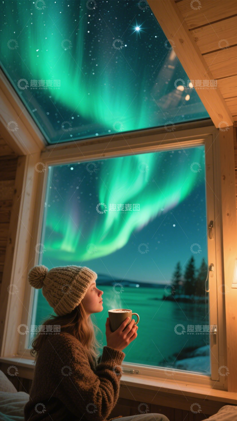 高清大图下载【趣麦麦图】木屋极光浪漫静谧3