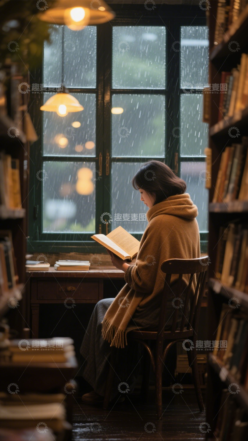 高清大图下载【趣麦麦图】图书馆雨中宁静阅读2