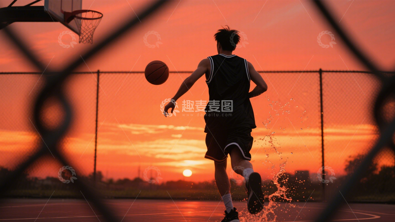 高清大图下载【趣麦麦图】球场夕阳篮球拼搏1