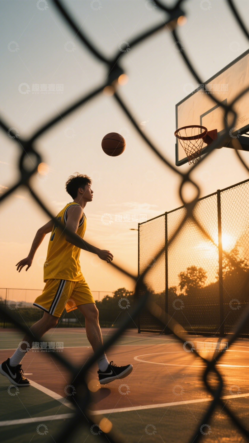 高清大图下载【趣麦麦图】球场夕阳篮球拼搏3