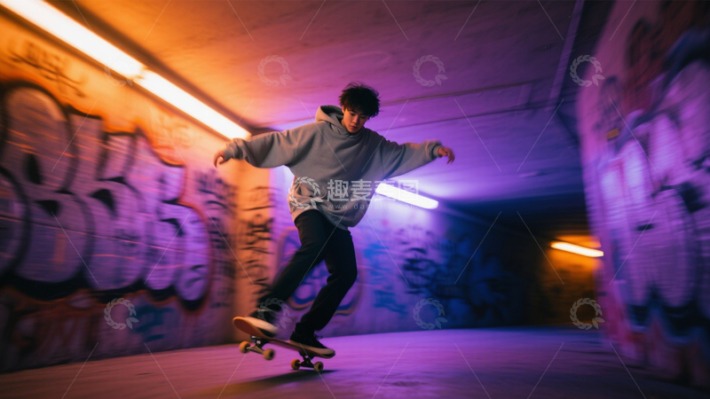 高清大图下载【趣麦麦图】隧道滑板青春活力1