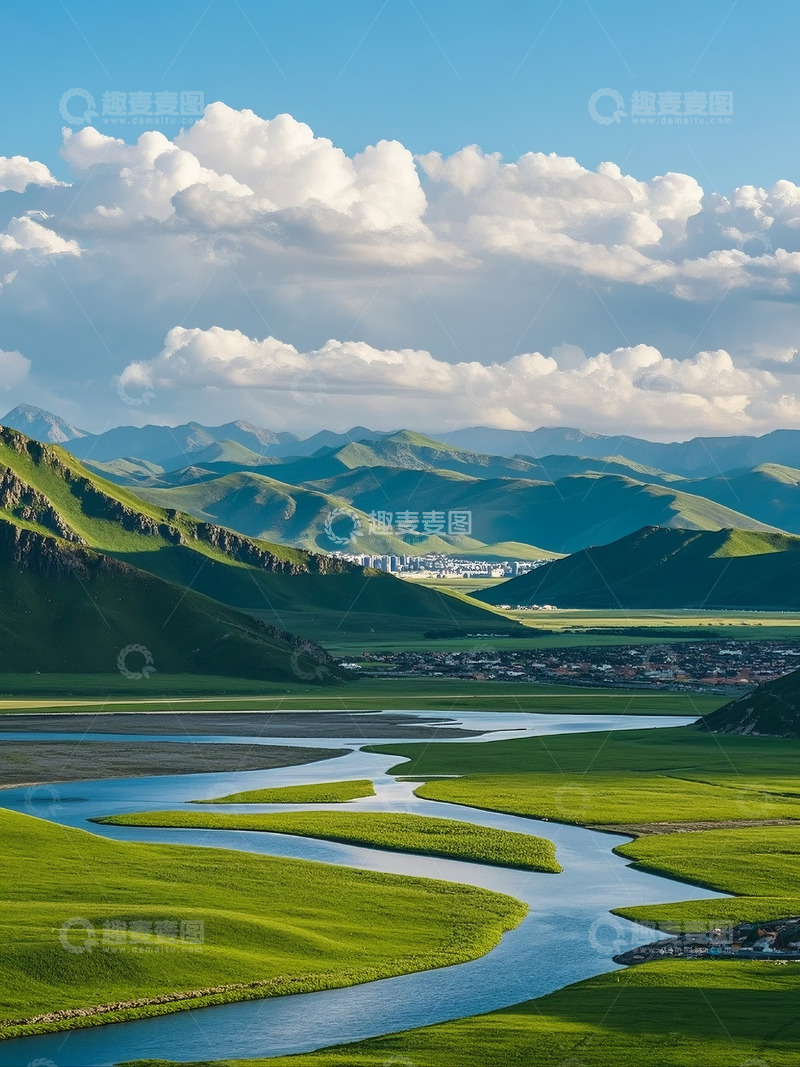 高清大图下载【趣麦麦图】AICG蓝天白云高山丘壑场景大自然风光2