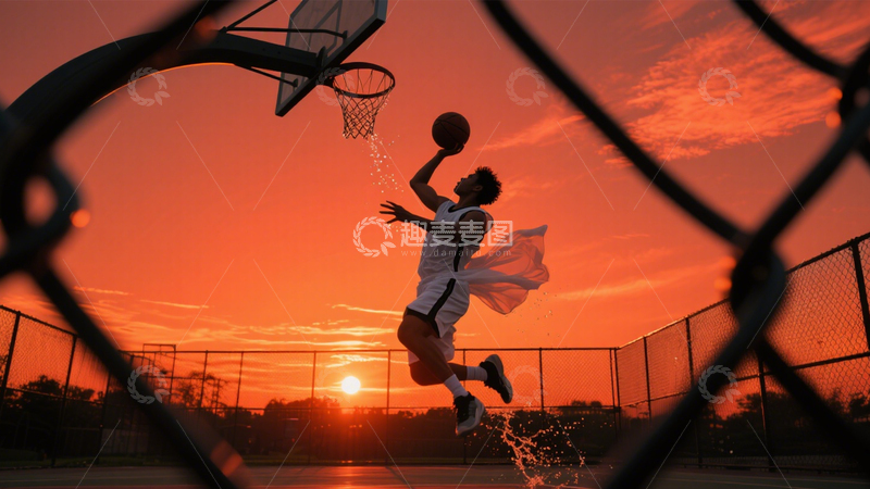 高清大图下载【趣麦麦图】球场夕阳篮球拼搏
