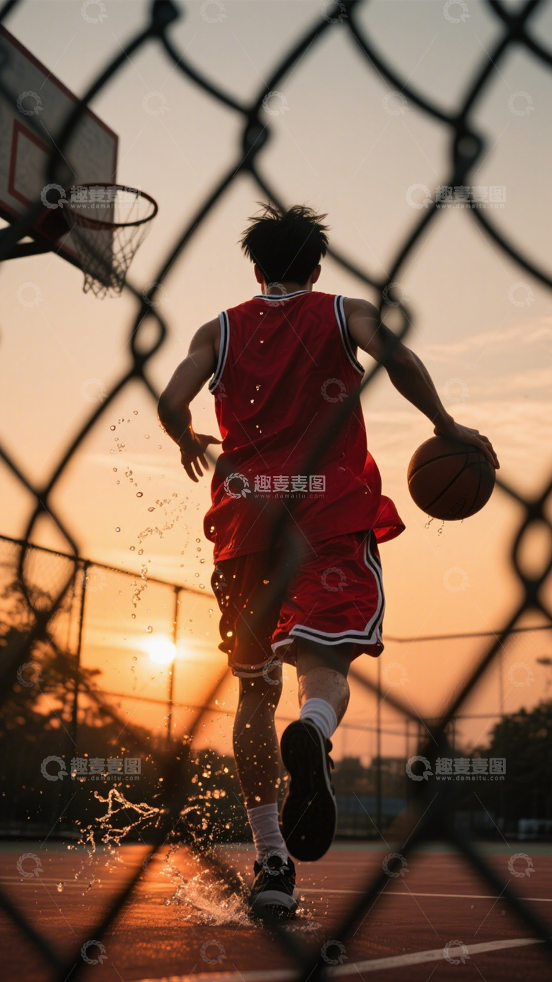 高清大图下载【趣麦麦图】球场夕阳篮球拼搏2