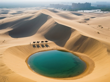 俯瞰月牙泉翡翠湖水美景
