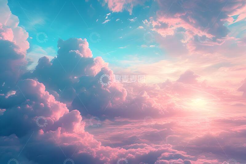 高清大图下载【趣麦麦图】粉蓝色唯美浪漫天空风景插画2