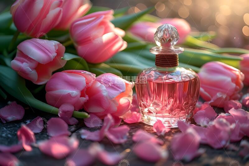 高清大图下载【趣麦麦图】粉色郁金香花束和香水瓶1