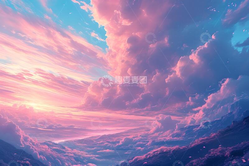 高清大图下载【趣麦麦图】粉蓝色唯美浪漫天空风景插画