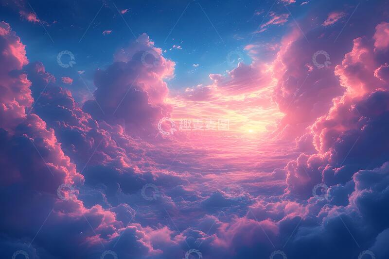 高清大图下载【趣麦麦图】粉蓝色唯美浪漫天空风景插画3