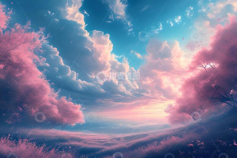 高清大图下载【趣麦麦图】粉蓝色唯美浪漫天空风景插画1