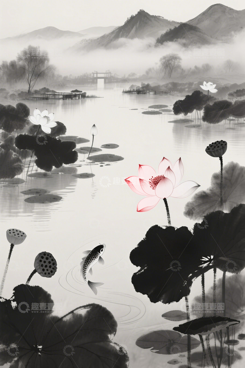 高清大图下载【趣麦麦图】夏至水墨荷花素材