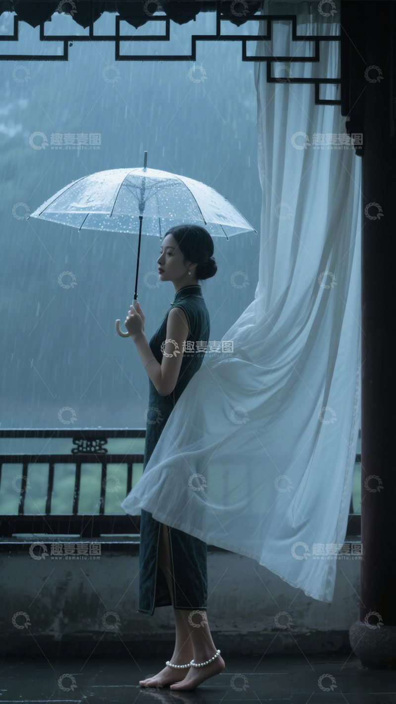 高清大图下载【趣麦麦图】旗袍雨景江南诗意