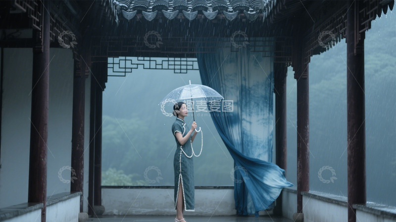 高清大图下载【趣麦麦图】旗袍雨景江南诗意1
