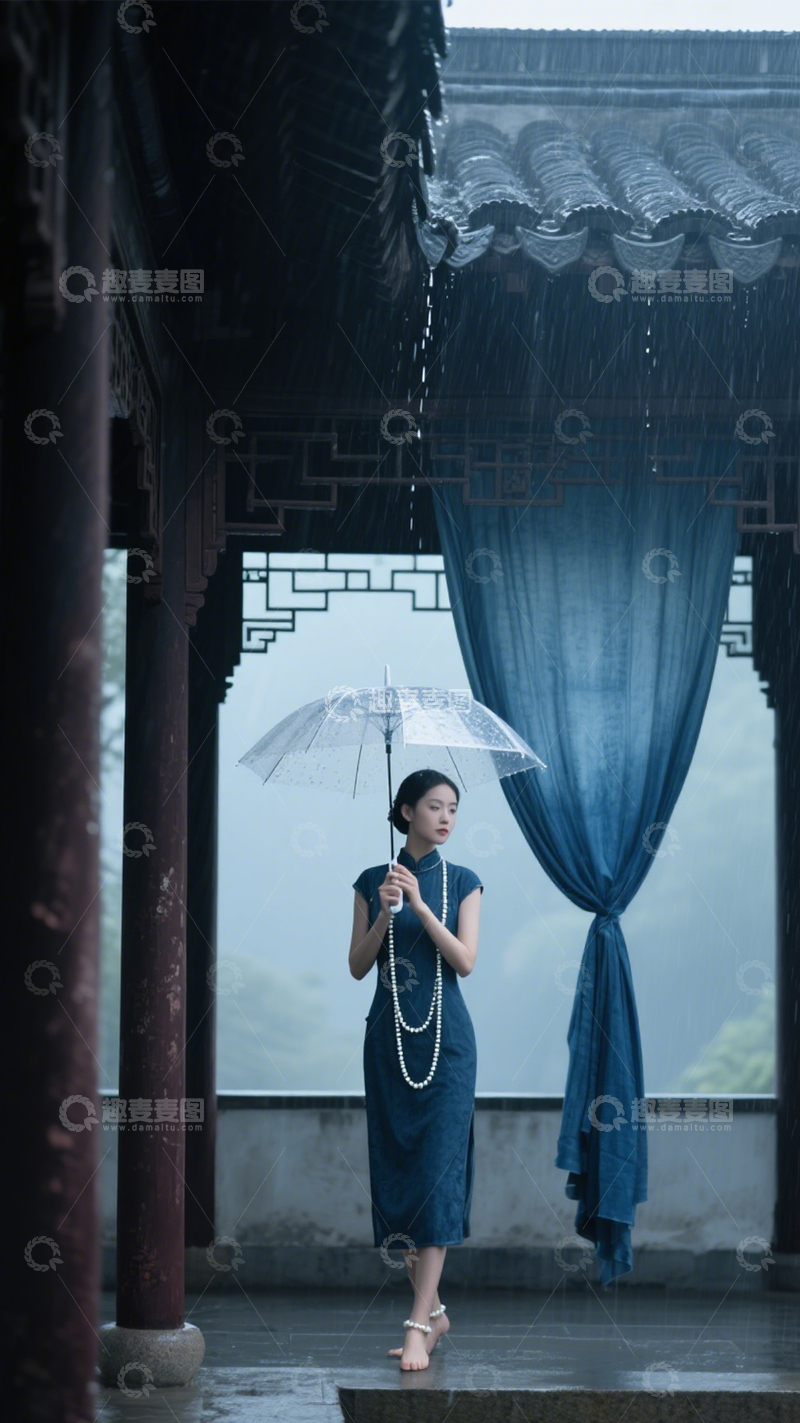 高清大图下载【趣麦麦图】旗袍雨景江南诗意3