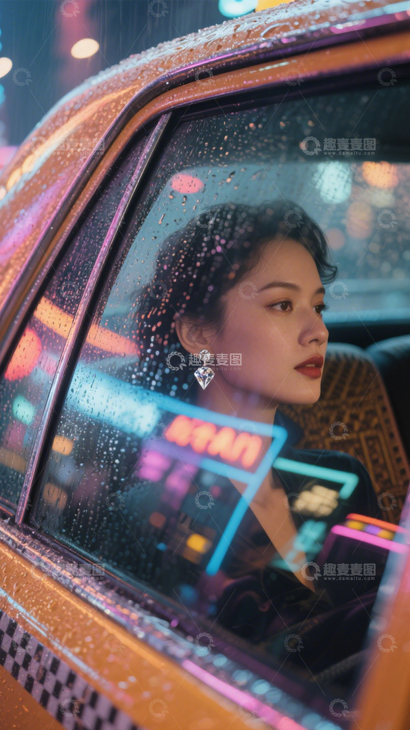 高清大图下载【趣麦麦图】雨夜出租车都市氛围1