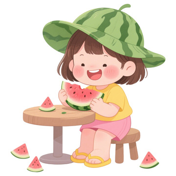 卡通手绘可爱小女孩吃西瓜免抠元素1