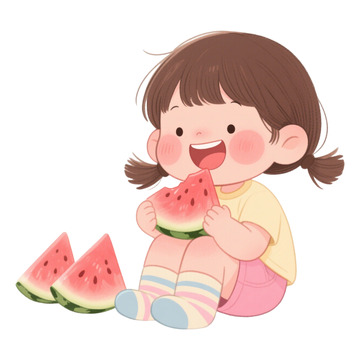 卡通手绘可爱小女孩吃西瓜免抠元素
